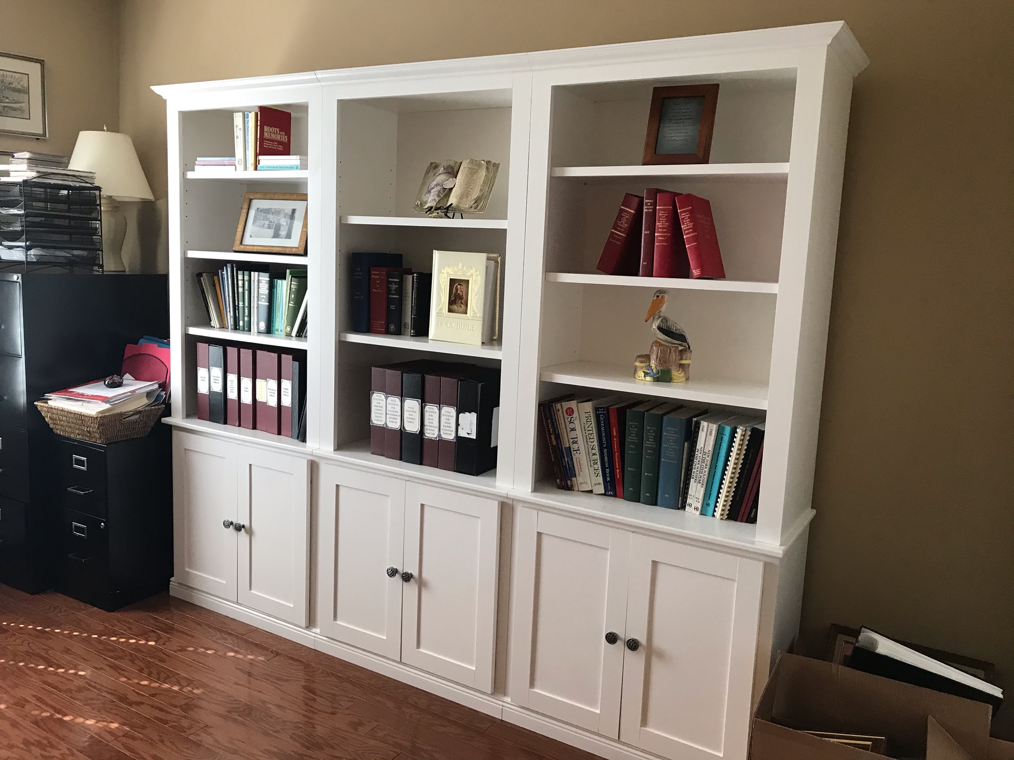 Custom-built wooden bookcase showing craftsmanship details